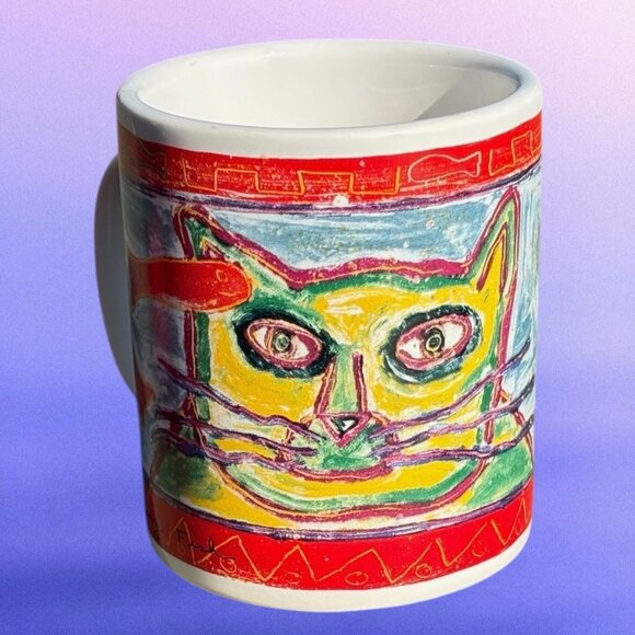 Chaleur Dan May Abstract Folk Painting Cat Watching Fish Coffee Mug - Picture 4 of 5